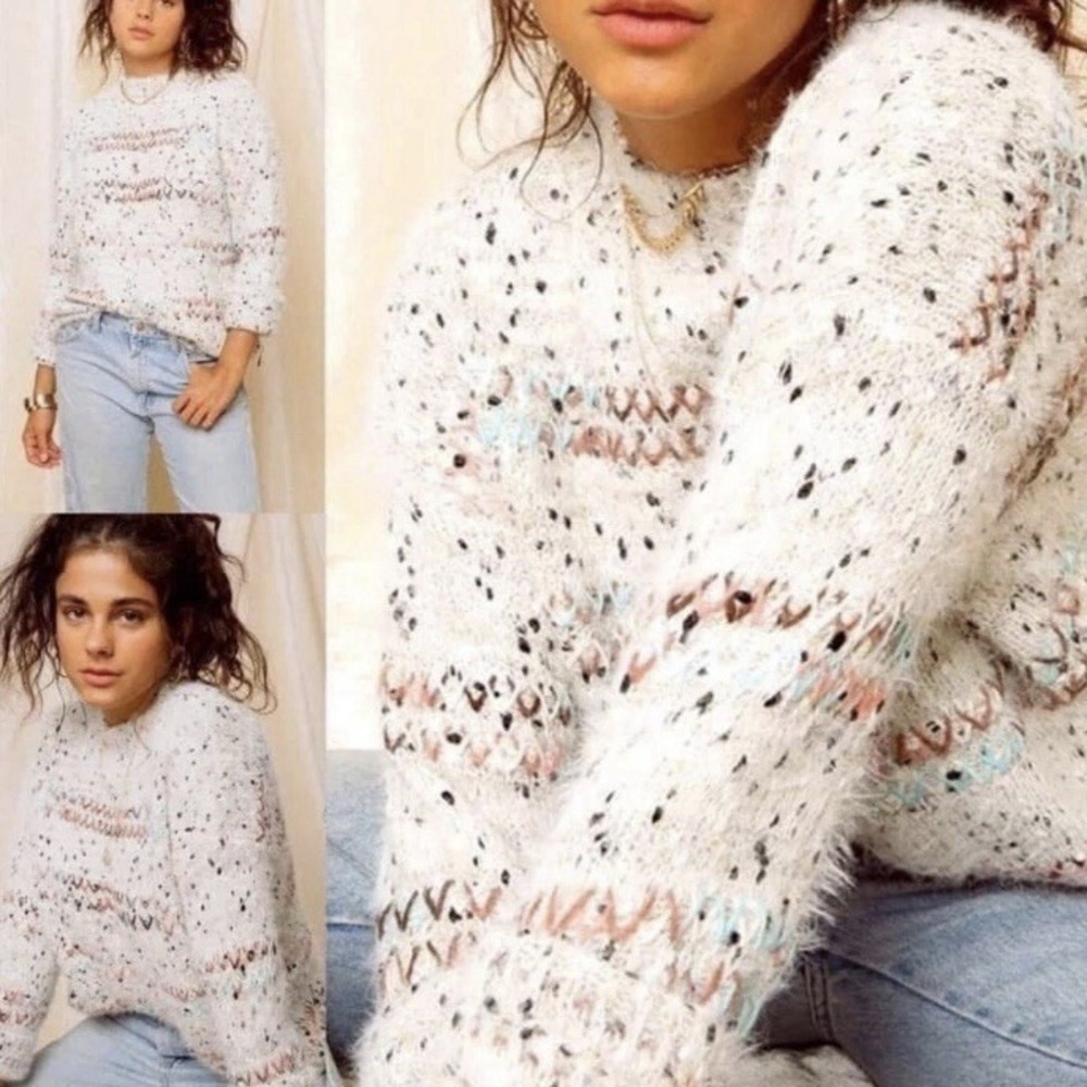 RAGA x ANTHROPOLOGIE Faye Mock Neck Speckled Eyelash Knit Gray Sweater Size XS